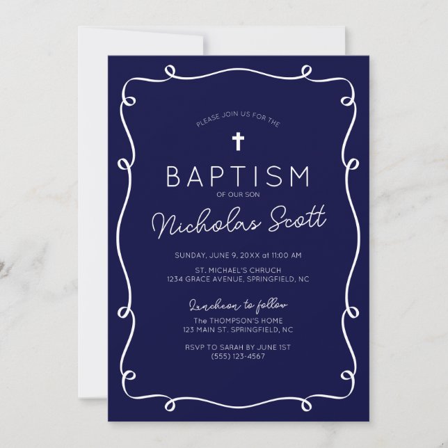 Navy Blue Hand Drawn Baptism Invitation (Devant)
