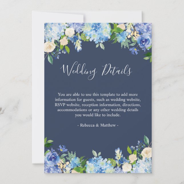 Navy Blue Hydrangeas Floral Détails du Mariage 5x7 (Devant)