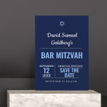 Navy Blue Modern Bar Mitzvah Enregistrer la carte<br><div class="desc">Conçus pour coordonner avec l'ensemble de la collection Navy Blue Bar Mitzvah,  ces cartes Save the Date annoncent votre événement avec style. Chaque champ est entièrement personnalisable pour dire ce que vous voulez!</div>