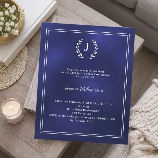 Navy blue monogram wreath age-neutral invitation (Créateur téléchargé)