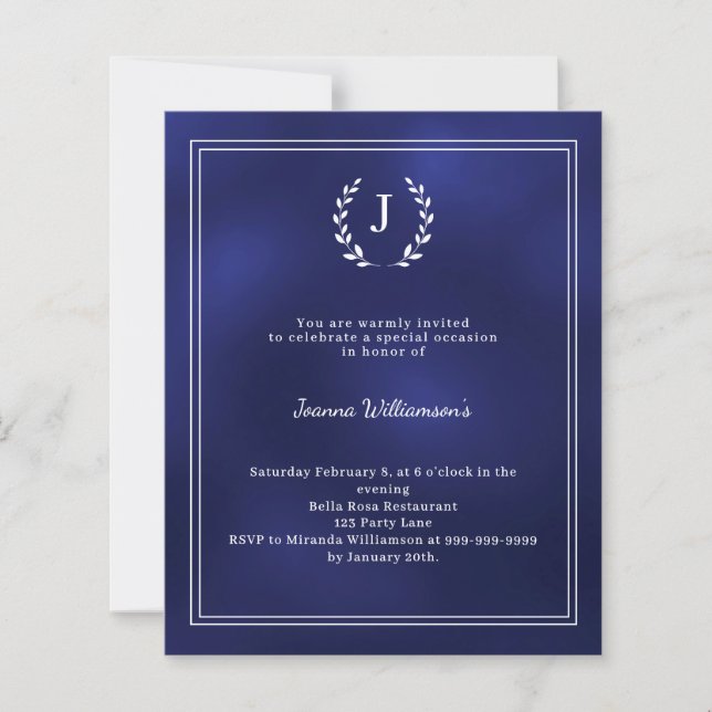 Navy blue monogram wreath age-neutral invitation (Devant)