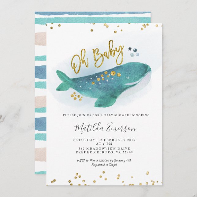 Navy Blue Oh Baby Whale Baby shower Invitation (Devant / Derrière)