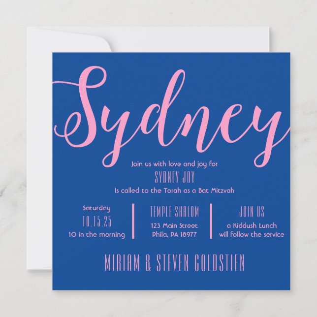 Navy Blue & Pink Bat Bar Mitzvah Party Invitation (Devant)