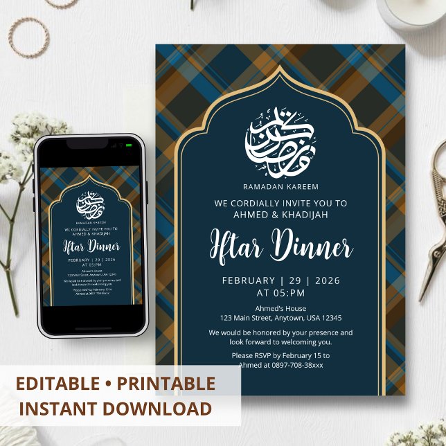 Navy Blue Plaid Frame Ramadan Iftar Invitation (Créateur téléchargé)