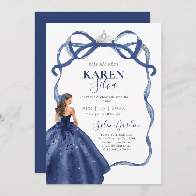 Navy Blue Quinceanera Invitation (Devant / Derrière)