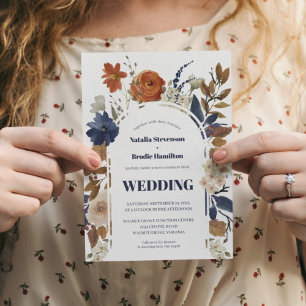 Navy Blue Rust Watercolor Boho Wedding Invitation