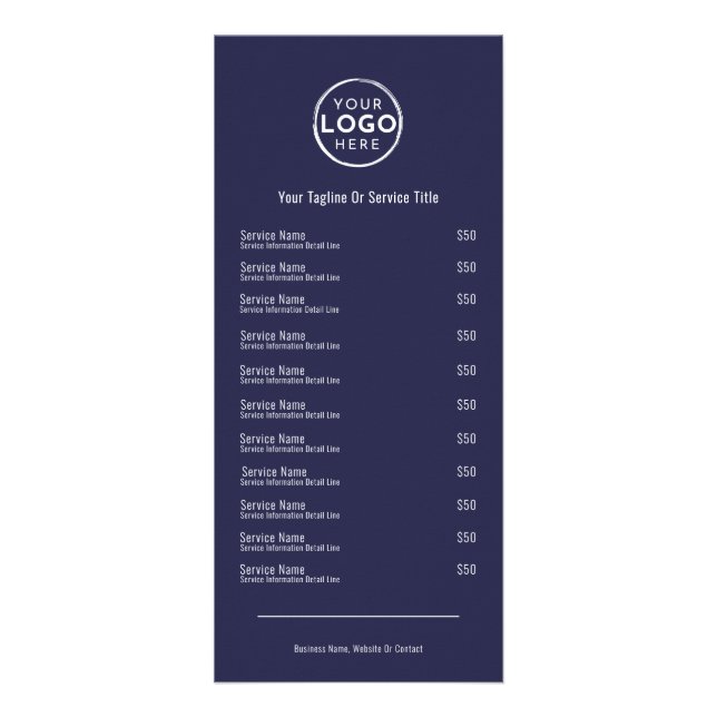 Navy Blue Services Menu Rack Card (Devant)