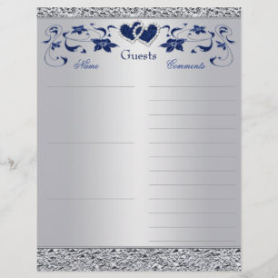 Navy Blue, Silver Floral Hearts Livre d'or Livre d