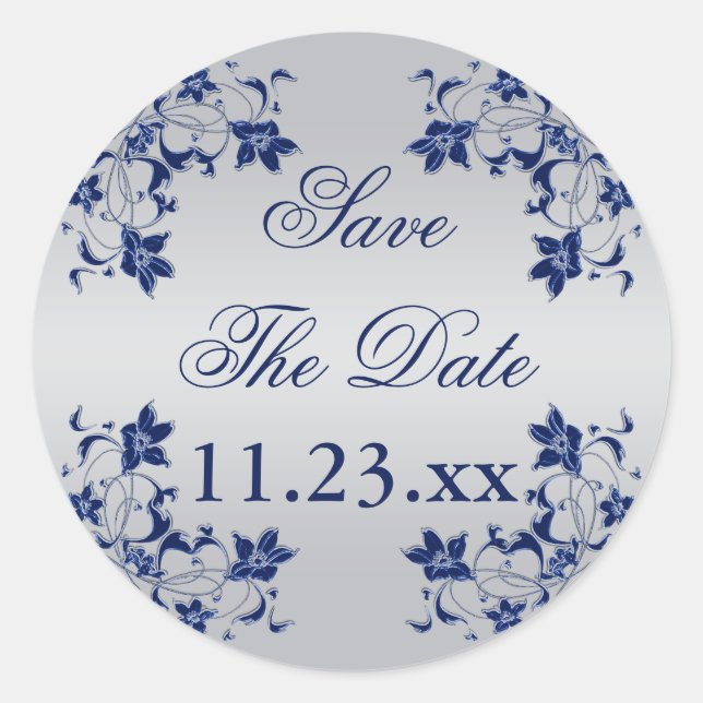 Navy Blue Silver Grey Floral Économisez Le Sticker (Devant)