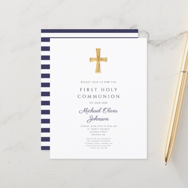 Navy Blue Stripes Boy First Communion Invitation (Devant/Arrière en situation)
