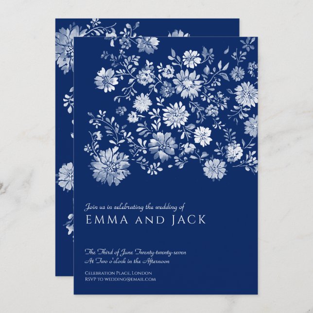 Navy Blue Watercolor Floral Wedding Invitation (Devant / Derrière)