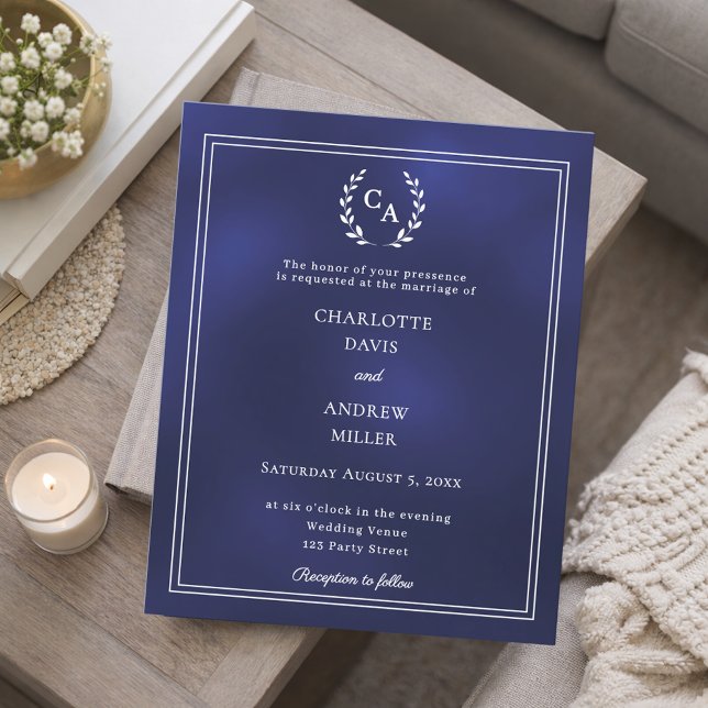 Navy blue wreath monogram wedding invitation (Créateur téléchargé)