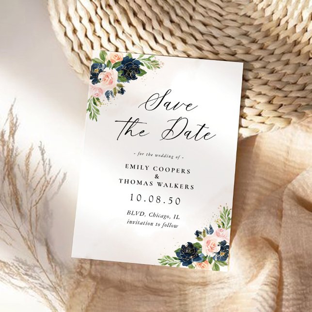 Navy & Blush Pink Floral Enregistrer La Carte Date (Créateur téléchargé)