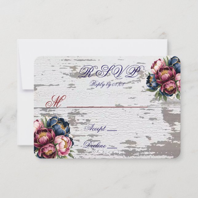Navy Bourgogne Blush Rose Paeonie Or Mariage RSVP  (Devant)