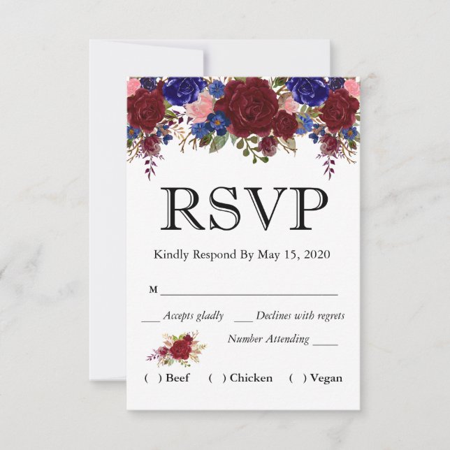 Navy Bourgogne Floral Aquarelle RSVP Mariage Repas (Devant)