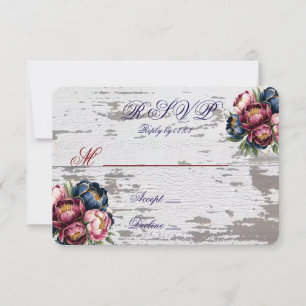 Navy Bourgogne Rose Pivoine Or Mariage RSVP 