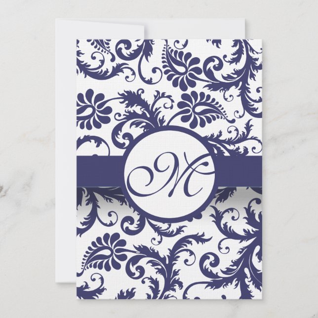 Navy Damask Swirls Wedding Invitation on Linen (Devant)