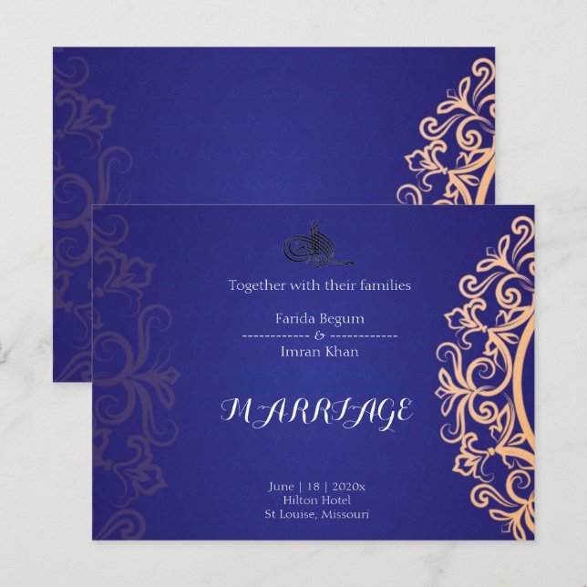 Navy Elegant Blue Muslim wedding Invitation  (Devant / Derrière)