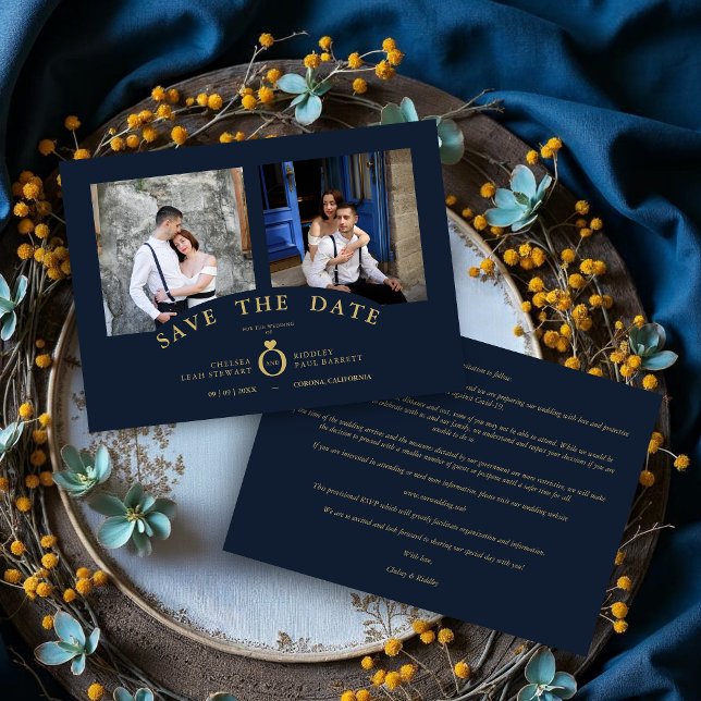 Navy Élégant Or 2 Photos Mariage Sophistiqué (Navy Elegant Gold 2 Photos Sophisticated Wedding Save the Date Cards.)