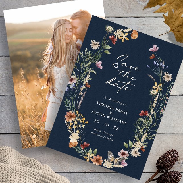 Navy Élégant Photo Boho Save The Date (Navy Elegant Photo Wildflower Boho Save The Date with Butterfly by Painted Paperie
)