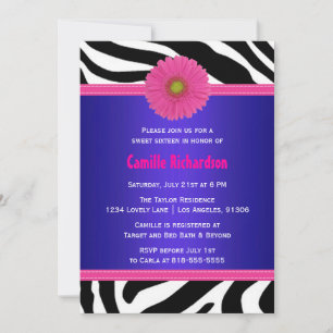 Navy et Hot Pink, Zebra Sweet sixteen Invitation