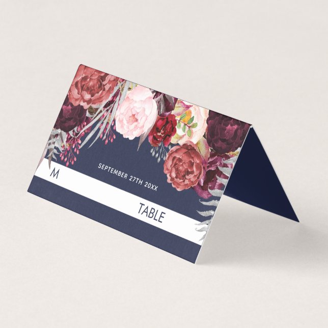 Navy Fall Marsala Peony Mariage Tente Place Cartes (Front)