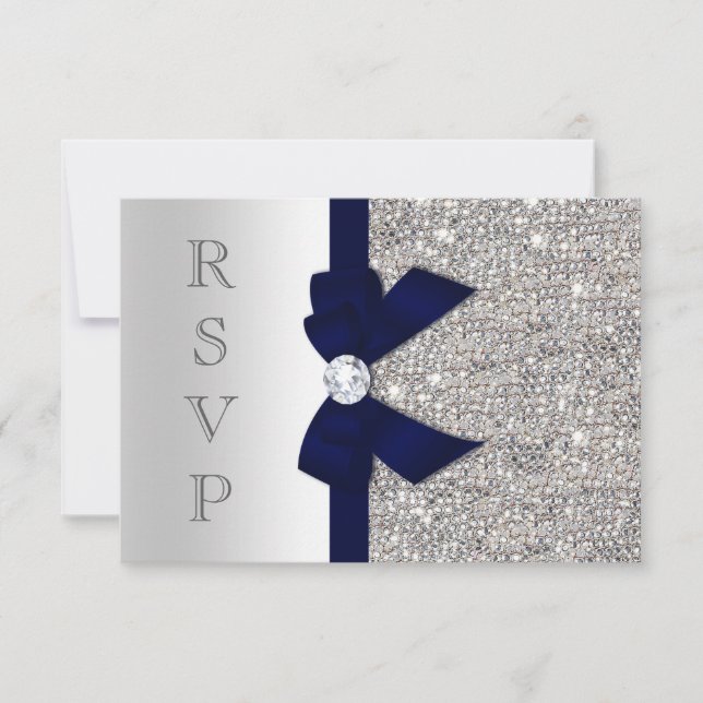 Navy Faux Bow Argent Paillettes Diamant RSVP (Devant)