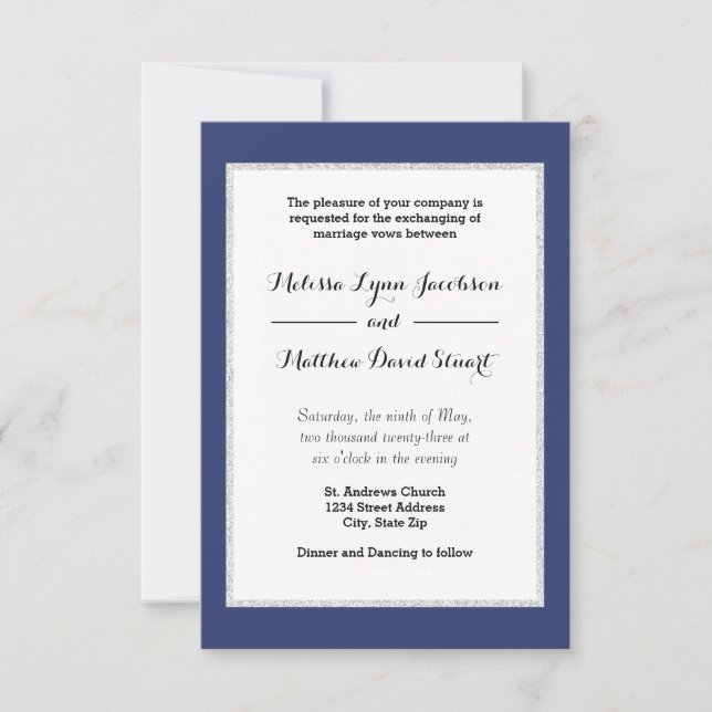 Navy & Faux Glitter Cadre - Invitation de mariage  (Devant)