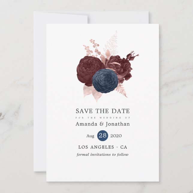Navy, Marron et Fleurs de Save the Date en Or Rose (Devant)