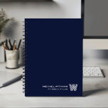 NAVY Minimal Monogram Initial CORPORATE BUSINESS<br><div class="desc">Elevate your daily planning with this modern minimalist notebook, designed in a clean navy blue-and-white color palette that suits both professional and personal use. Your custom name appears in the lower right corner in a refined line-style font, paired with a striking monogram initial created in the distinctive Monoton typeface. With...</div>