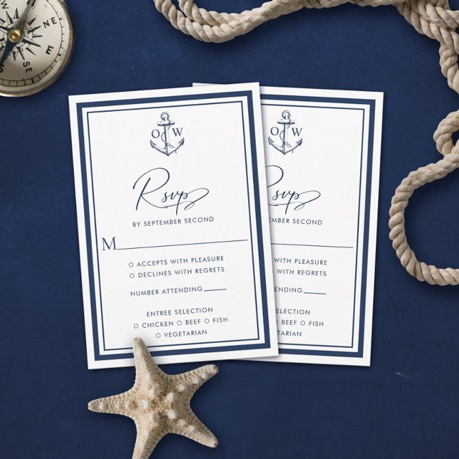 Navy Nautical Anchor Monogram Wedding RSVP Card (Créateur téléchargé)