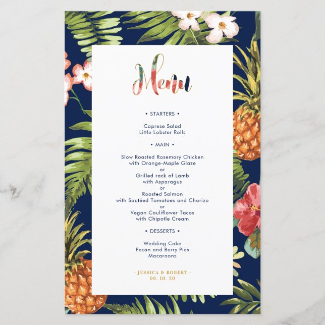Navy & Or | Carte de Menu de Mariage Tropical d'Ét (Devant)