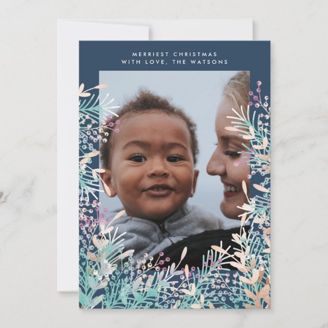 Navy Pastel Berries Noël Carte photo de Noël (Devant)