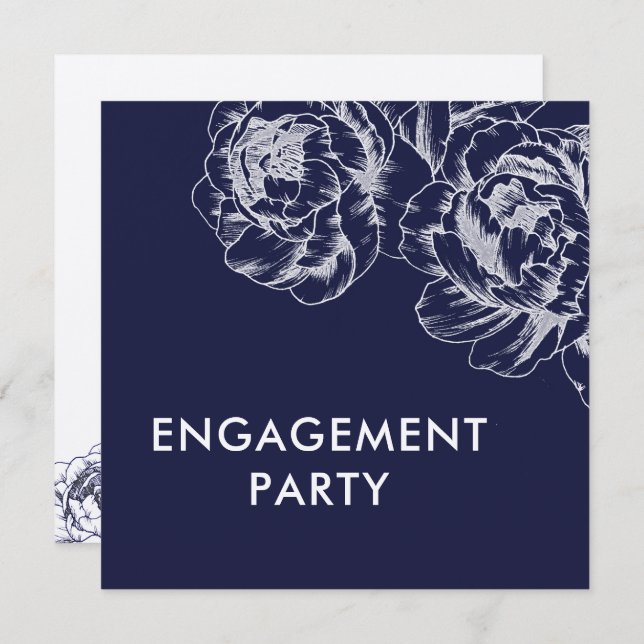Navy Peony Simple Engagement Party Invitation (Devant / Derrière)
