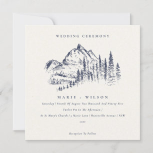 Navy Pine Woods Mountain Sketch Wedding Invitation
