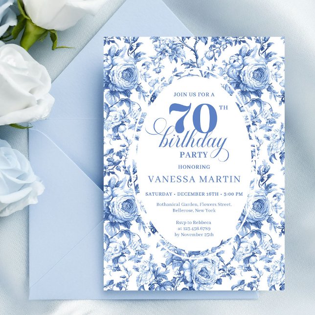 Navy Roses 70th Birthday Chic Floral Invitation (Navy Roses 70th Birthday Chic Floral Invitation)