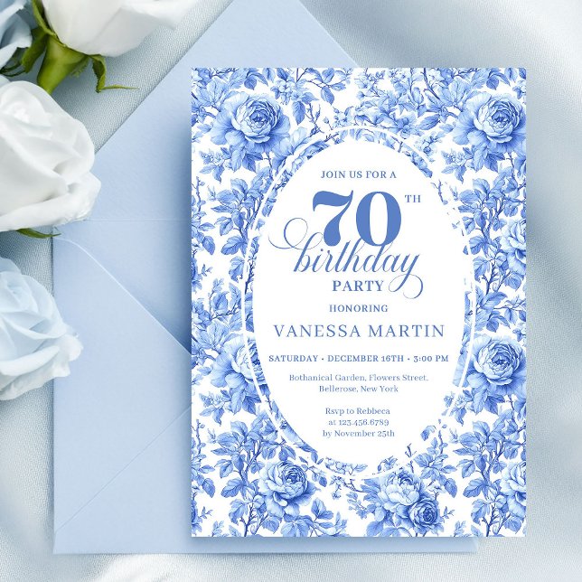 Navy Roses Vintage 70th Birthday Invitation (Navy Roses Vintage 70th Birthday Invitation)