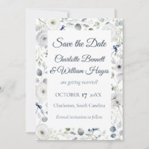 Navy Silver Watercolor Floral Save the Date