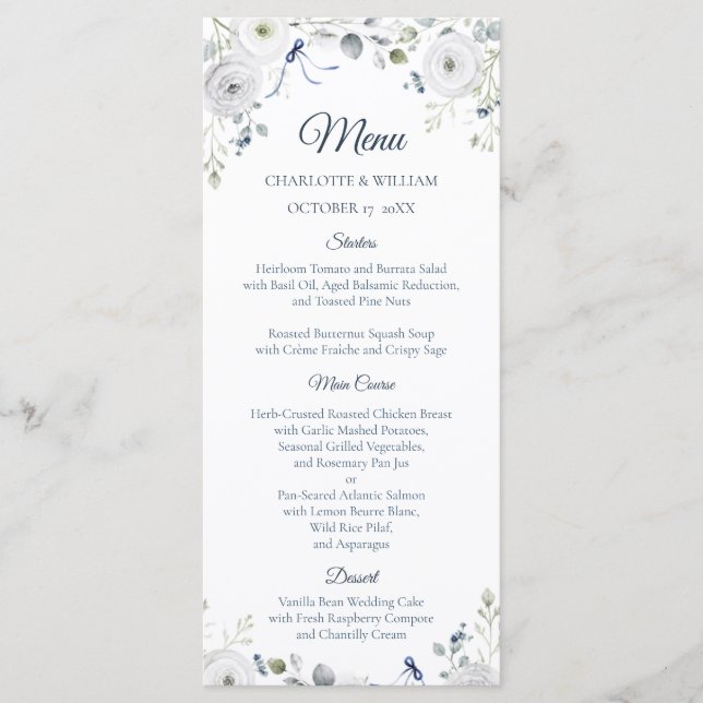 Navy Silver Watercolor Floral Wedding Menu (Devant)