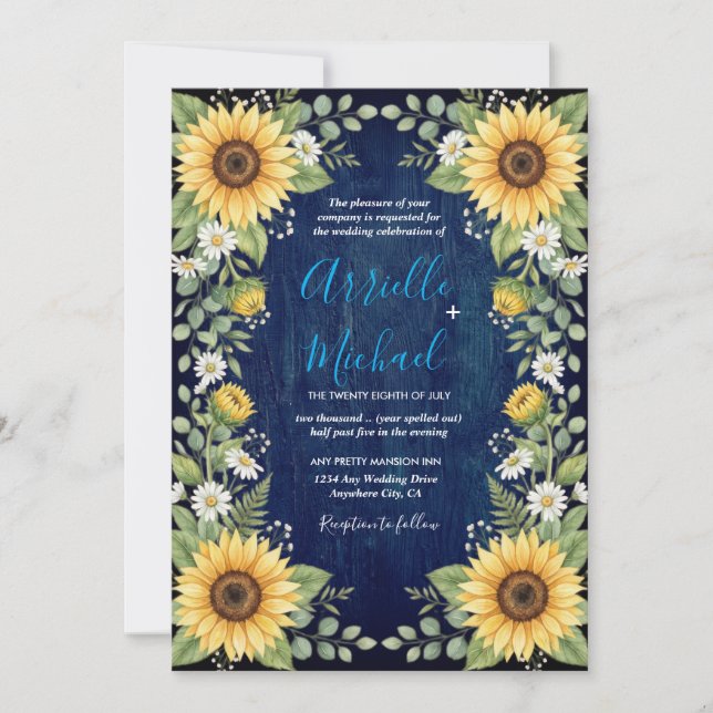 Navy Wood Sunflower Wedding Invitation Rustic (Devant)