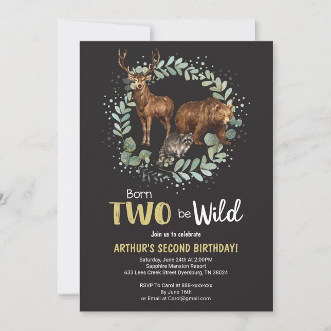 Né Deux Be Wild Woodland Anniversaire Invitation G (Devant)