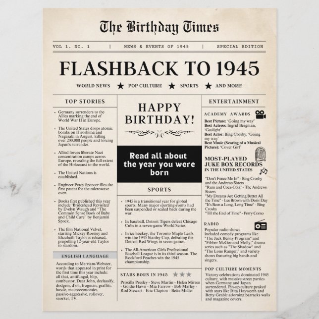 Né en 1945 Faux journal sepia (Devant)