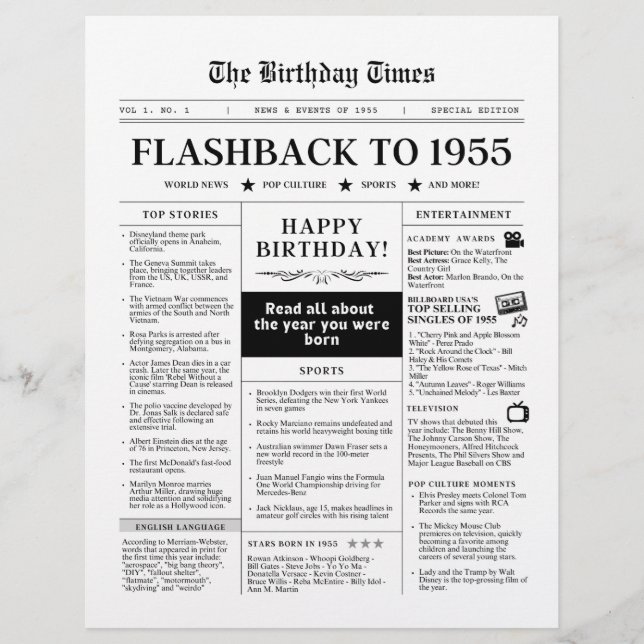 Né en 1955 Faux journal noir et blanc (Devant)