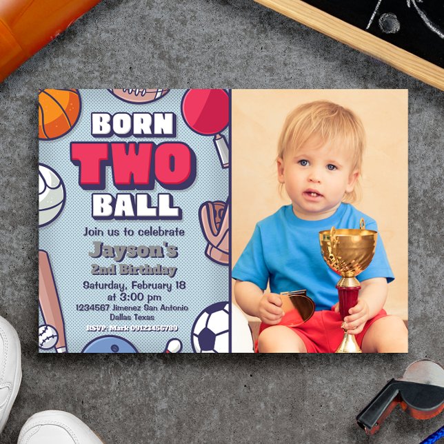 Né Invitation à deux balles avec photo (Born Two Ball Boy 2nd Birthday Landscape Invitation with Photo Picture)