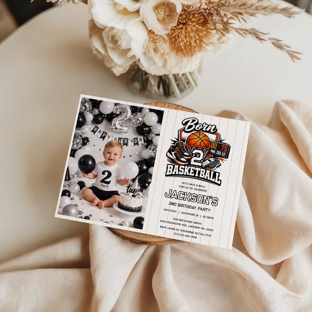 Né pour le basket-ball Invitation 2e anniversaire  ( Born 2 Basketball Sports Themed Boy 2nd Birthday photo Invitation)