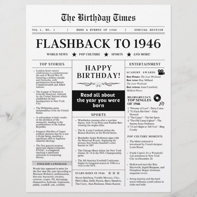 Née en 1946 Journal de presse noir et blanc (Devant)