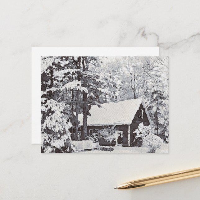 Neige d'hiver sur la carte postale de la ferme (Devant/Arrière en situation)