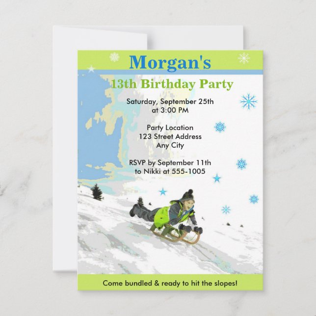 Neige Sledding Invitation de fête d'anniversaire (Devant)