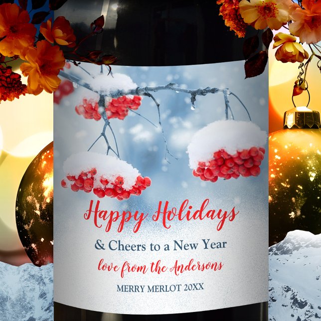 Neige sur Red Festive Berries Noël Vin Étiquette (Personalized wine label featuring festive red berries covered with snow)