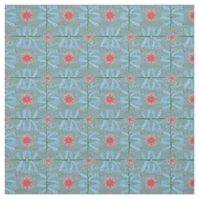 Nénuphars Chic et Libellules sur Tissu Bleu (Échantillon)
